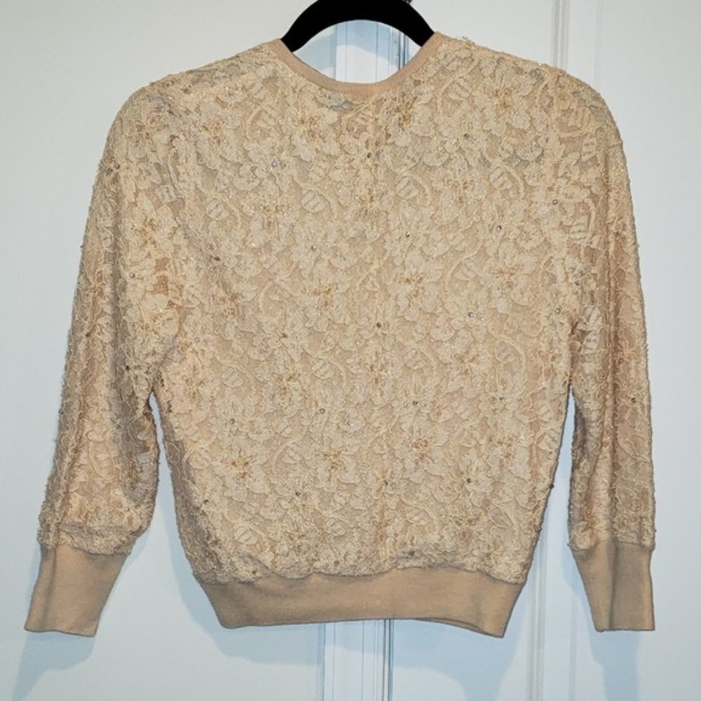 The Limited Lace Cardigan in Champagne Beige with Beads, Pearls, & Rhinestones - Picture 3 of 7